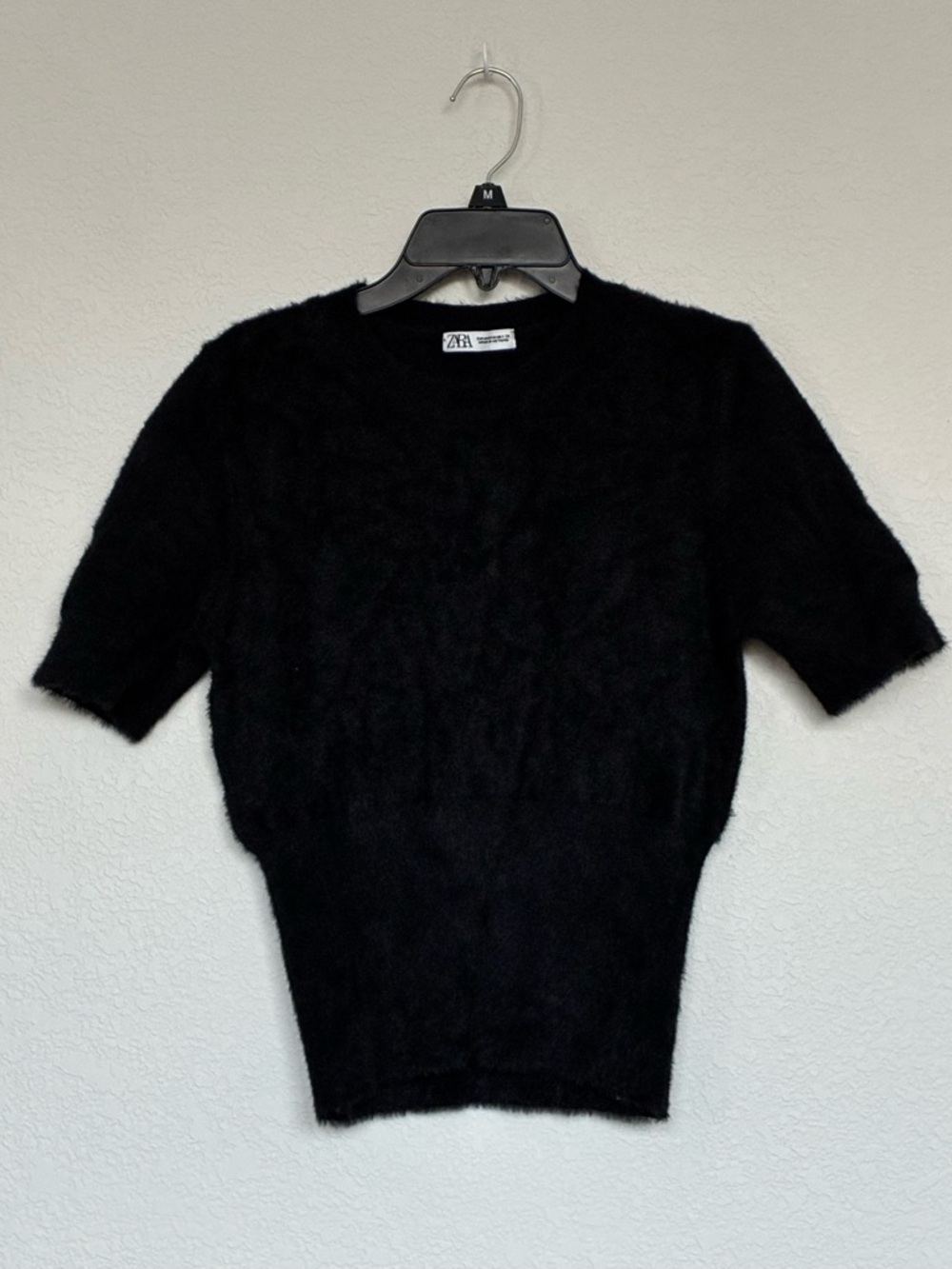 ZARA Black Fuzzy Knit Short Sleeve Sweater Soft Textured Top XS